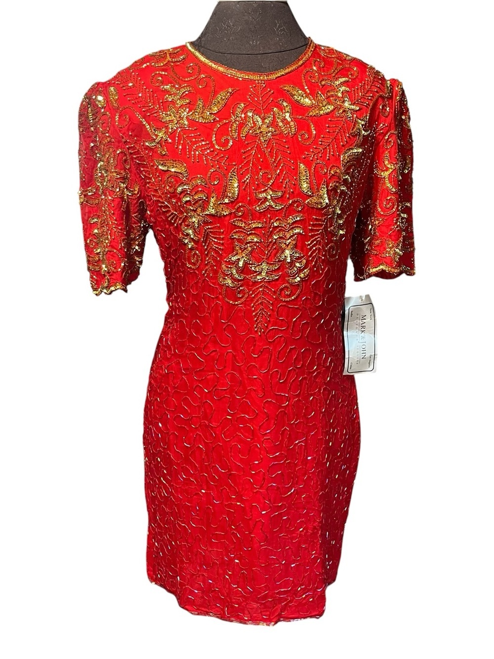 VTG Mark & John By SAM 80s Red Sequin Silk Cocktail Dress Knee Length Medium New